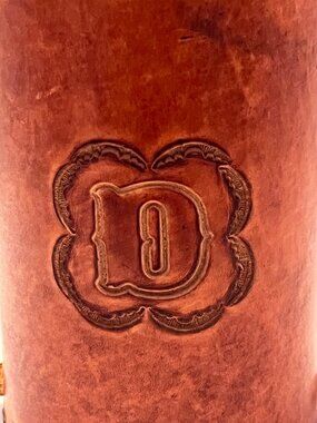 Handcrafted Brown Leather Can Holder With Embossed D Design And Handle For 12oz